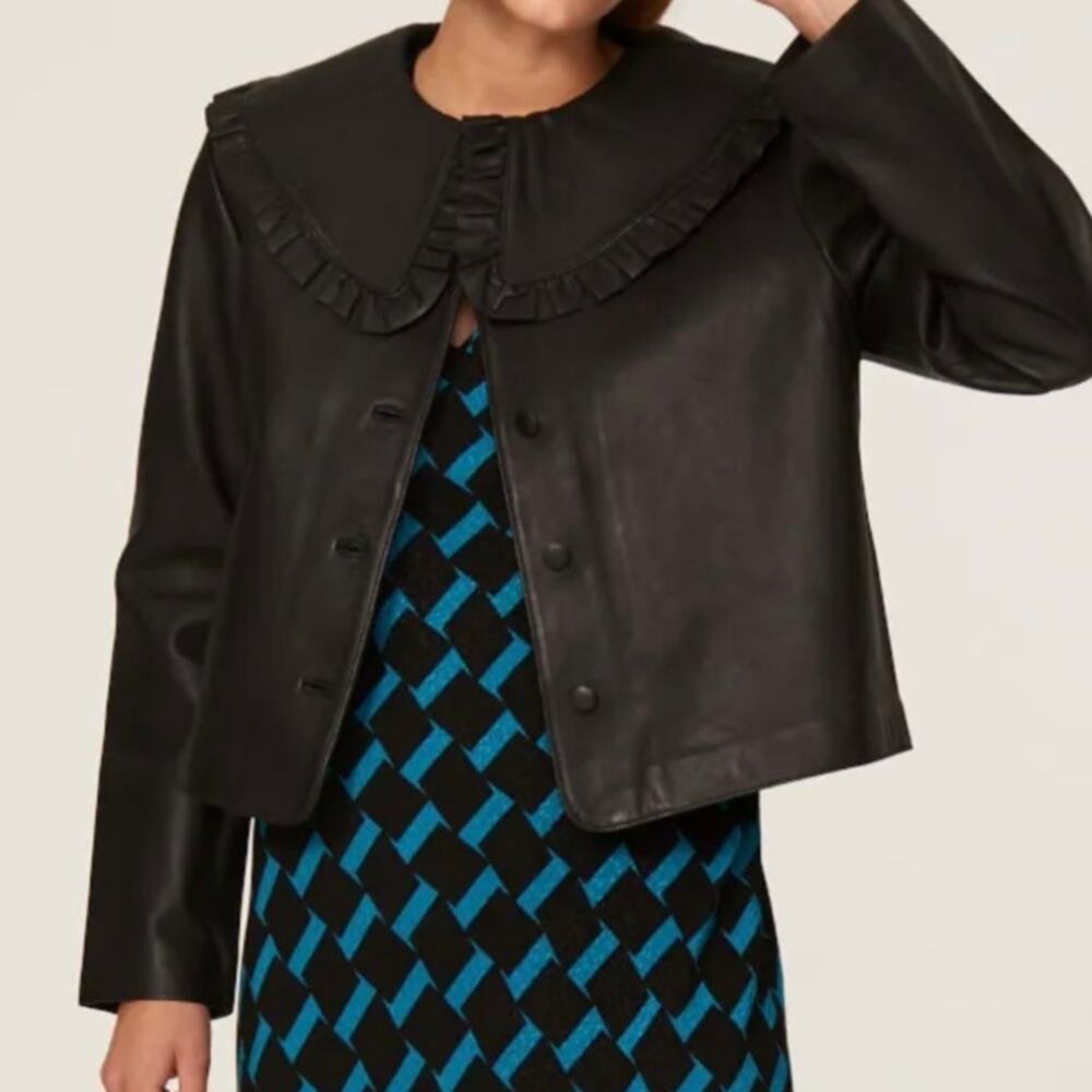 Rixo Debbie Leather Jacket Large Womens Peter Pan Collar Ruffle Biker Edgy Crop